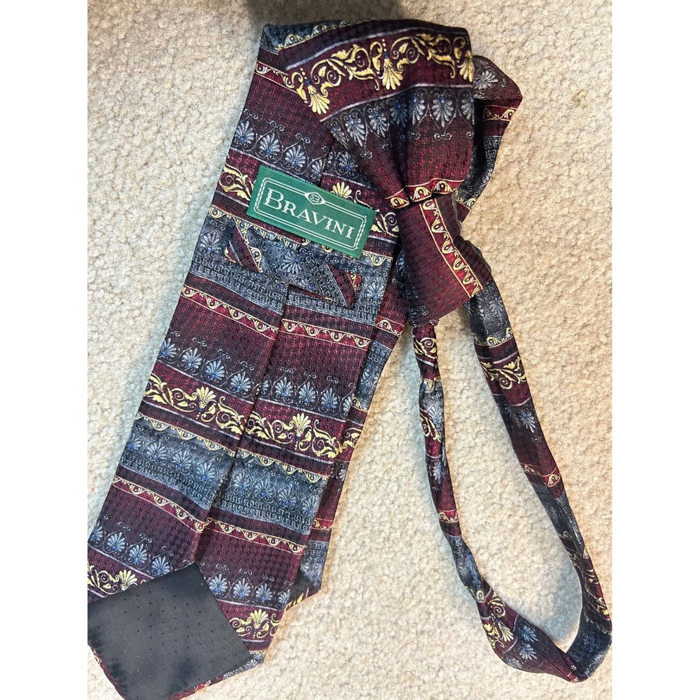Bravini‎ Mens 100 Silk Necktie Burgundy Blue Gold Greek Key Pattern